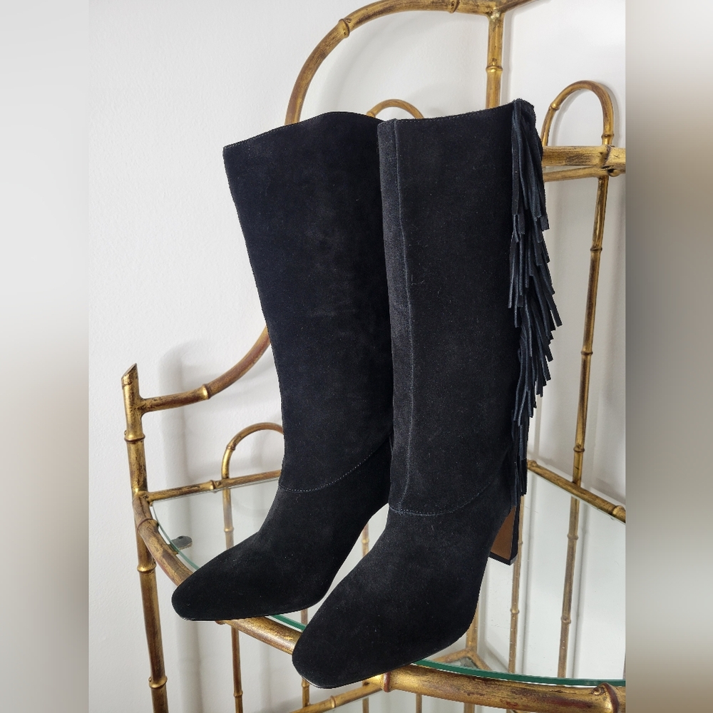 Vince Camuto Verona Black Suede  Fringe Knee-High Boots Size 8 1/2